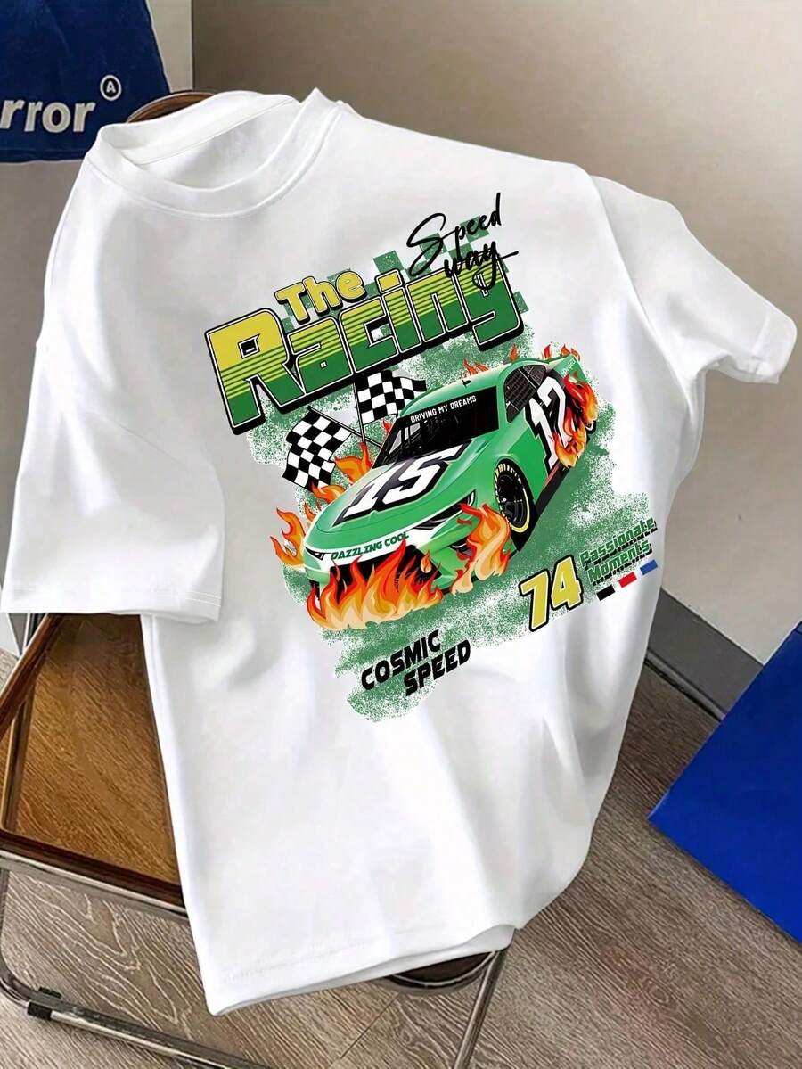 White Layera Boy's Clothes Boy's Clothes Girl's Set T-Shirts Short Sleeve T-Shirt With Racing Car Print, Cotton, Men's, Casual Summer T-Shirt With Mesh Neck - 白色 - 查看 1