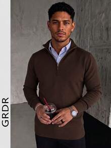 GRDR Men's Casual Long Sleeve Half Zip Knit Sweater, Versatile For Daily Wear - Brown - View 2