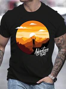 Camiseta masculina de manga curta em algodão puro com estampa de aventura, pôr do sol nas montanhas, estilo motivacional, casual e oversized. - Preto - Ver 1