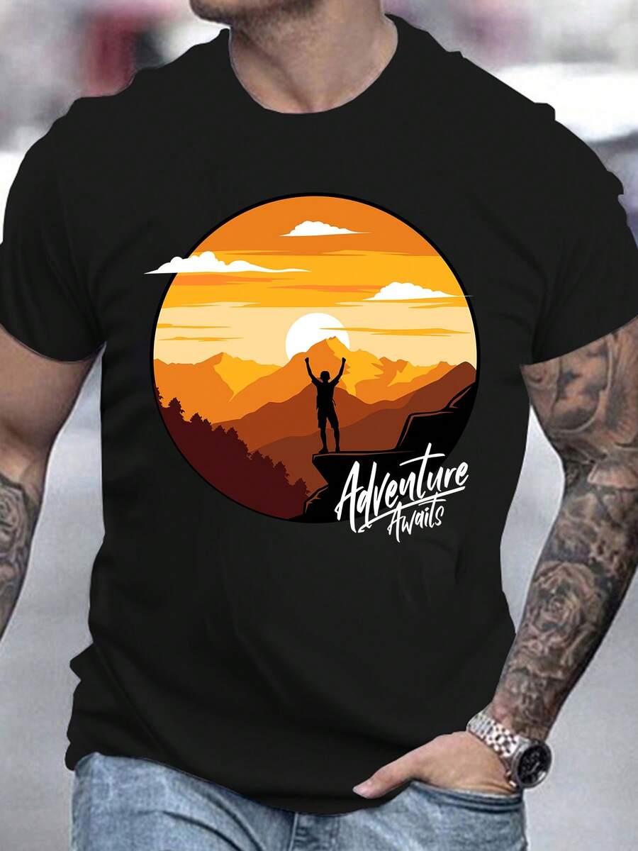 Camiseta masculina de manga curta em algodão puro com estampa de aventura, pôr do sol nas montanhas, estilo motivacional, casual e oversized. - Preto - Ver 1