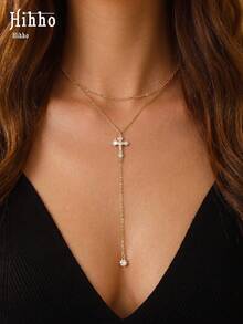 Hihho 1pc Elegant Double Layer Cross Zirconia Y-Shaped Long Necklace, Vintage Religious Cross Pendant, Cubic Zirconia Metal Chain Necklace, Suitable For Women's Daily Wear And Gatherings (Bead Spacing And Quantity On Chain Are Random) - Cross Y-shaped Chain - View 4