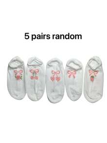 5 Pairs Random (Non-Embroidered) White Bow Cherry Preppy Boat Socks, Breathable & Comfortable, Suitable For All Seasons, Random Colors - Multicolor - View 8