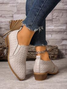 Women's Solid Color Pointed Toe British Style Chunky Heel Ankle Boots Slip-On Elastic Band Low Heel Casual Shoes - Milky - View 6