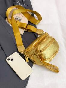 2026 Women's One Shoulder Chest Bag Korean Style Multi-Color Dual Compartment Crossbody Camera Bag Rivet Design - Gold - View 7