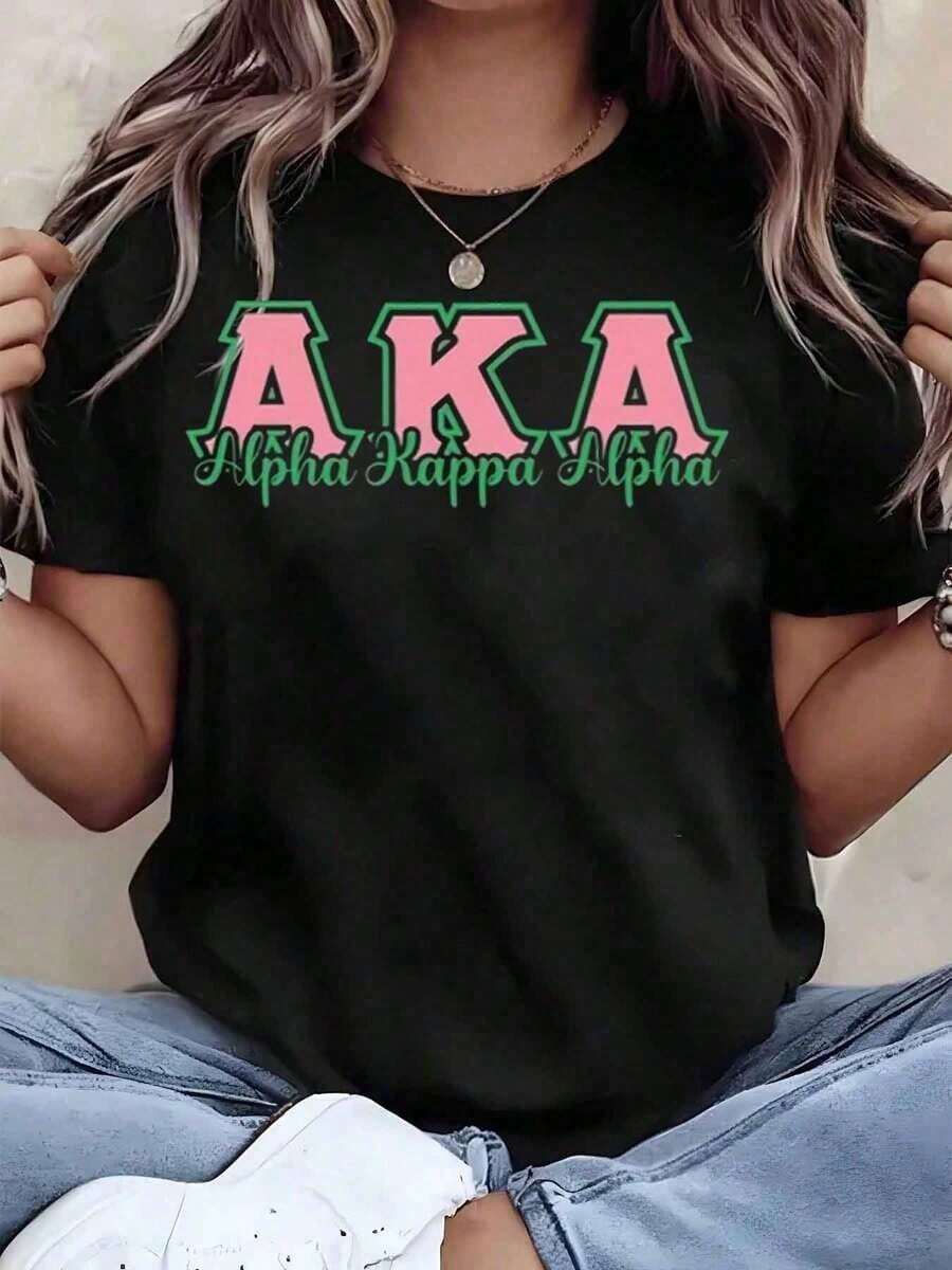 Aka Alpha Women's T-Shirt With Alpha Letter Print, Crew Neck, Casual Wear, Gift For Sorority Members, 220g-Unisex, Suitable For Casual Daily Outings, T-Shirt - 黑色 - 查看 1