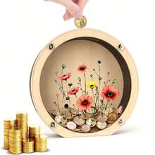 1pc Transparent Acrylic Window Wooden Coin Deposit Box, Floral Design Cash & Coin Storage Box, Unique Desktop Decor Craft, Suitable As Birthday Gift For Friends And Family, Storage Box For Organizing, No Electricity Required - A - View 7