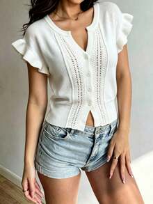 Bohemian Style Women's White Short Sleeve Knit Cardigan, Ruffle Sleeve And Button Detail, Slimming Knit Top For Autumn Layering Summer - White - View 6