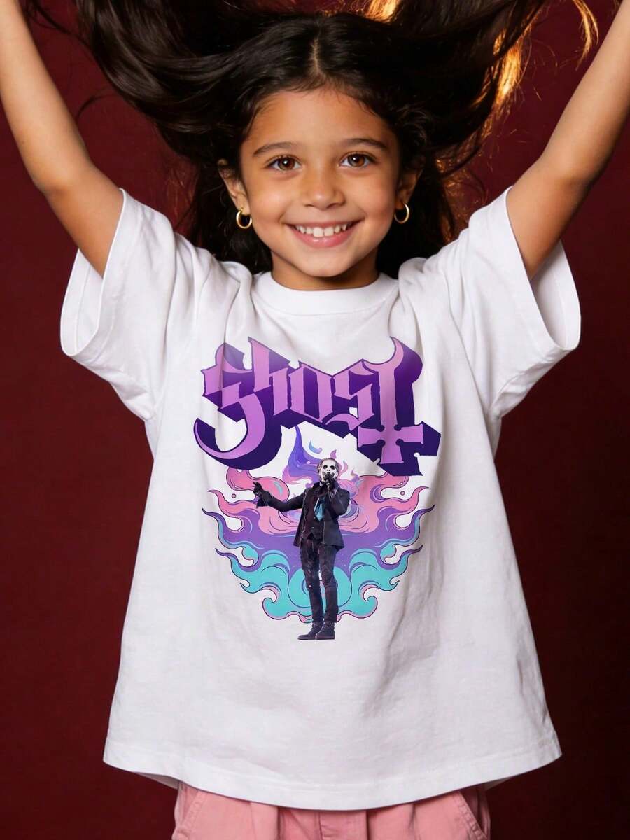 2026 Girl's Summer Soft Casual Round Neck Short Sleeve-Shirt,Rock Band Letter Figure Print Graphic Suitable Casual Street Daily Wear.White - Blanco - Ver 1