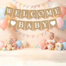 1 Set Willkommens-Baby-Girlande aus Kunstleinen, Babyparty- und Gender-Reveal-Party-Dekoration, bohemische Vintage-Leinenstoff-Girlande, Fotohintergrund-Wanddekoration, Neugeborenen-Willkommensparty-Vollmond-Bankett-Hängedekoration, rustikales Themenparty-Banner, Innen-/Außen-Dekorationszubehör - Übersicht 6