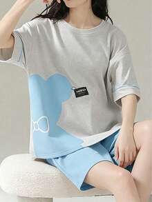 Cute Bear And Color Block Print Pajama Set, Casual Short Sleeve Crew Neck T-Shirt And Pocket Shorts, Women's Sleepwear Loungewear 2-Piece Set - Multicolor - View 4