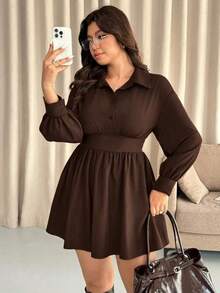 Vionelle Vestido de cuello de camisa tejido de manga larga con cintura recogida de unicolor, talla grande, otoño/invierno - Burdeos - Ver 8
