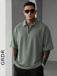 GRDR Men's Summer Half-Zip Polo Shirt, Solid Color Classic Short Sleeve Suitable For Outdoor Casual Wear - Olive Green - View 6