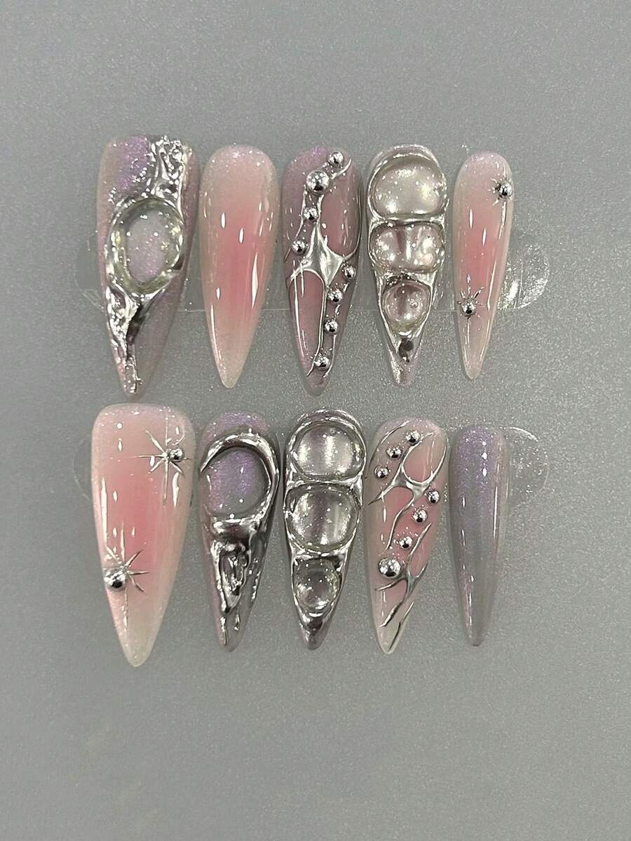 10件組粉色哥德風手工美甲貼片假指甲,Y2K美甲工具組,美甲飾品裝飾,夏季女性禮物,適合女孩與女性在派對與日常佩戴 - 彩色 - 查看 1