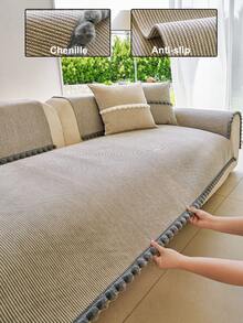 1pc Bohemian Style Tassel Solid Color Chenille Sofa Cover, Minimalist Unique Design, Adds Artistic Flair And Exotic Charm To Your Living Room, Creating A Comfortable And Fashionable Home Decor - Light Grey - View 2