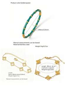 VceTd 3PCS Women's Minimalist Style Multi-Color Enamel Bamboo Knot & Flower Design Stainless Steel Fashion Bracelet Set, Suitable For Daily Commute, Outings, Vacations Or Anniversary Gift For Female Friends - Yellow Gold - View 2