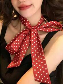 1件女款波點印花斜紋時尚優雅圍巾，可用作裝飾圍巾、髮帶、髮繩等，多功能圍巾 - 紅色 - 查看 2