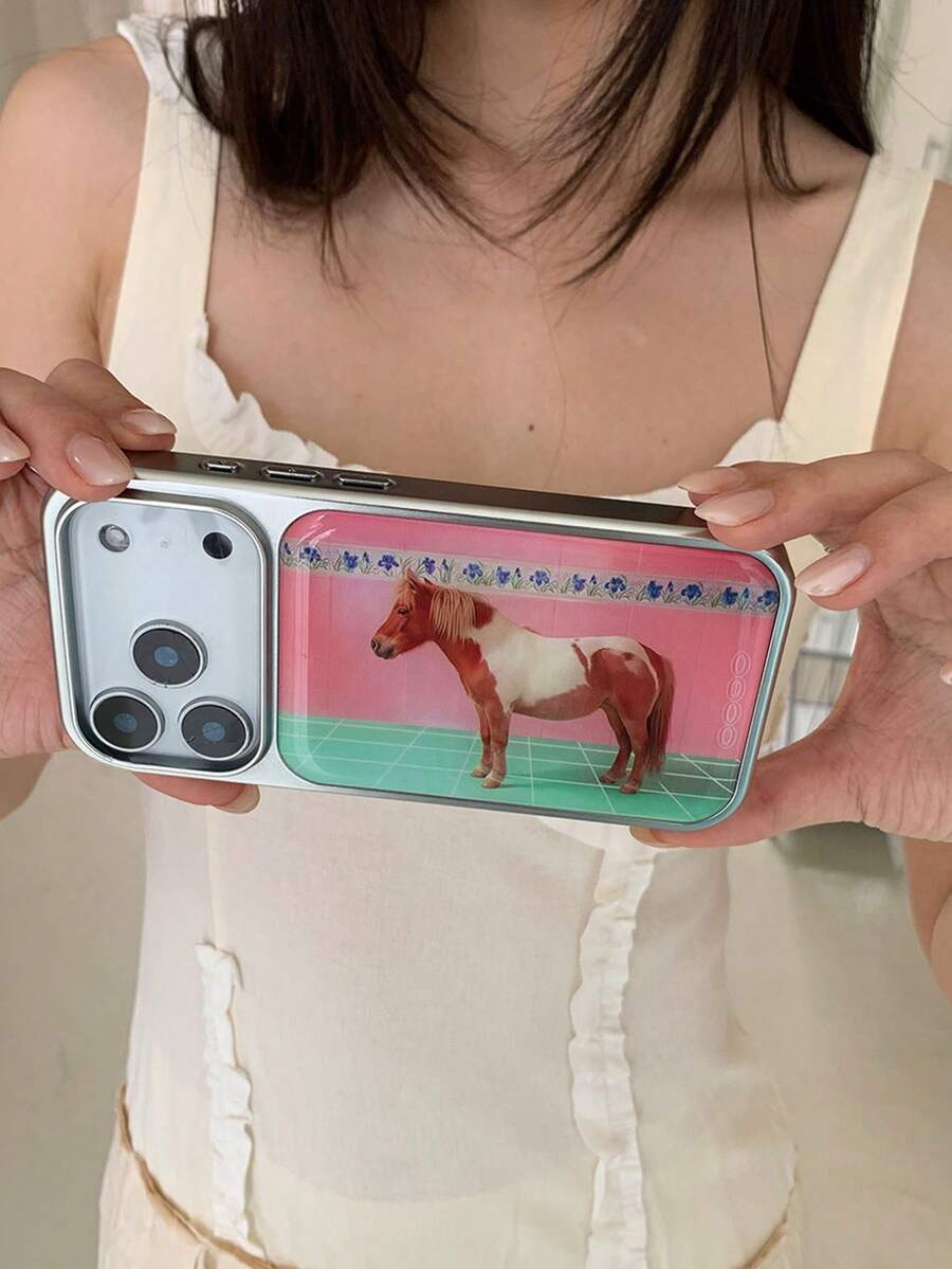 Cute Pony Quirky Girl Aesthetic Electroplated Drip Glue Phone Case, Korean Ins Blogger Niche Design, Compatible With IPhone 17 Pro Max/16/15/14/13 Protective Cover - Silver - View 1