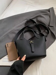 現代風扣飾女款手提包，時尚極簡純黑色可調節肩帶單肩/斜跨包 - 黑色 - 查看 7
