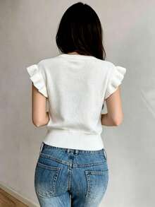 Bohemian Style Women's White Short Sleeve Knit Cardigan, Ruffle Sleeve And Button Detail, Slimming Knit Top For Autumn Layering Summer - White - View 5