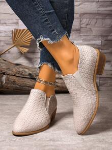 Women's Solid Color Pointed Toe British Style Chunky Heel Ankle Boots Slip-On Elastic Band Low Heel Casual Shoes - Milky - View 5