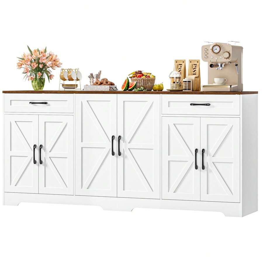 Sideboard, 180cm Large Kitchen Sideboard With 6 Barn Doors & 2 Drawers Farmhouse - 白色 - 查看 1