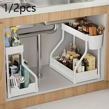 1/2pcs Kitchen Storage Rack, Multi-Functional Organizer Shelf, Under Sink Storage Rack, Pull-Out Cabinet Organizer, Double-Layer Sliding Sink Shelf, Cabinet Storage Rack, Kitchen And Bathroom Cabinet Accessories - Multicolor - View 2
