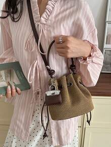 Summer Large Capacity Handbag Casual Hollow Straw Woven Bag Pastoral Artistic Handbag Beach Vacation Sand Bucket Shoulder Bag - Khaki - View 3