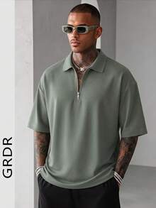 GRDR Men's Summer Half-Zip Polo Shirt, Solid Color Classic Short Sleeve Suitable For Outdoor Casual Wear - Olive Green - View 5