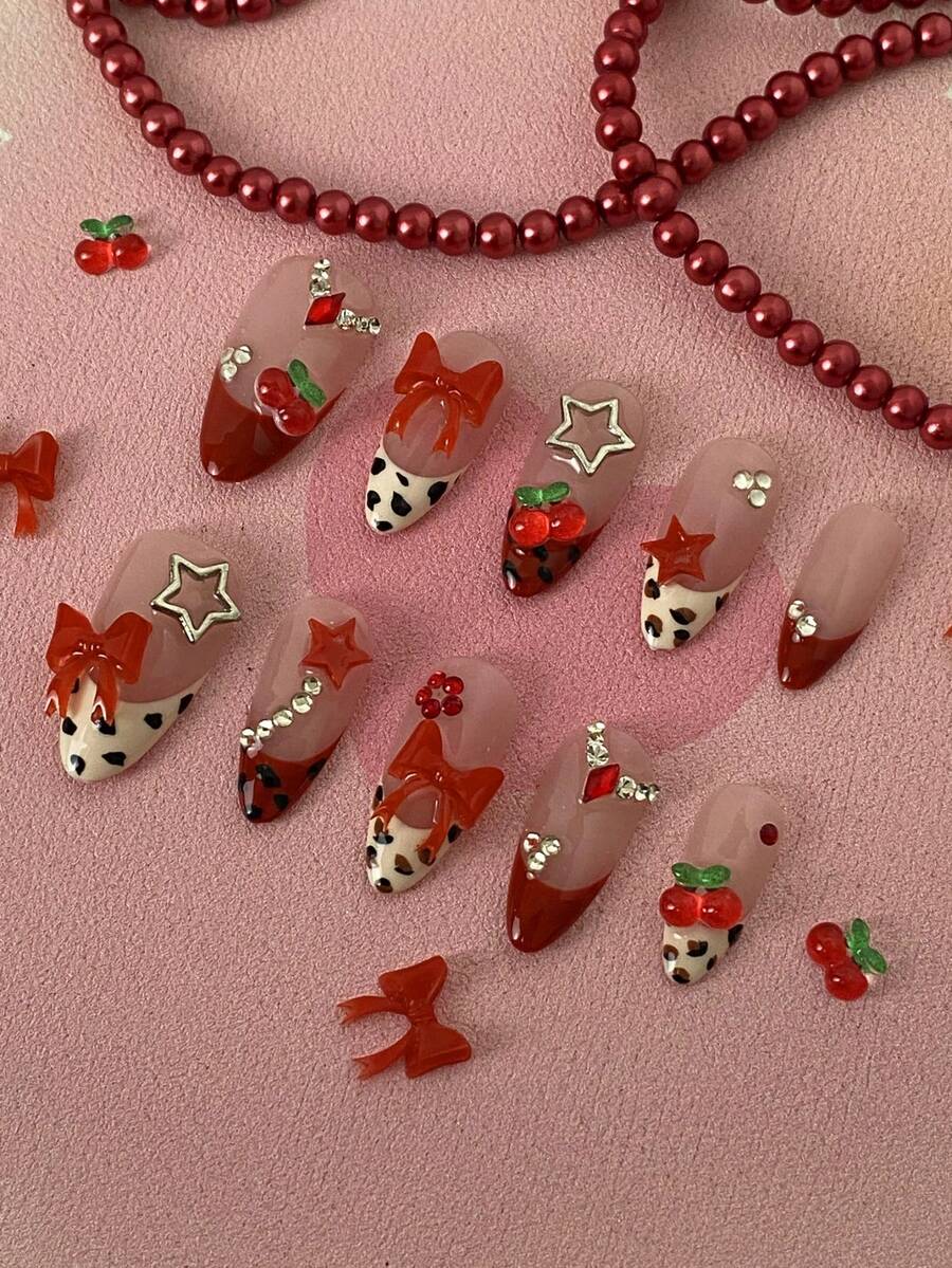 10pcs Women's Almond Shape Press-On Nails, Acrylic Fake Nails With Cherry, Bow, Star Nail Art Decor And Transparent Rhinestones, Nude Base Red French Tip Leopard Print Cute Almond Shape, Handmade Sweet Y2K Nail Stickers, Nail Art Supplies