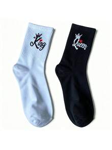 2/4 pares de calcetines de media caña con patrón de corona de rey y reina y corazón, calcetines clásicos versátiles en blanco y negro para parejas, calcetines de regalo para aniversario/Día de San Valentín - Blanco y Negro - Ver 8