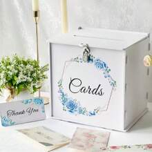 Outdoor Holiday Decor White Wedding Card Box With Lock, Acrylic Gift Card Box With Blue Floral Wreath, Wedding Reception Decoration, Graduation Birthday Bride Shower Party Decor Wallet Gift Box - 1PC - View 10