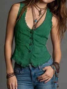 Women's Brown V-Neck Backless Button Front Camisole Top With Lace Trim And Regular Hemline Casual - Dark Green - View 6