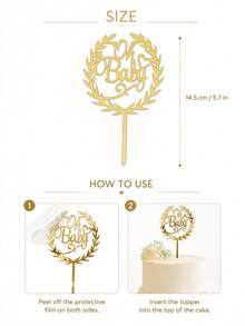 3pcs Gold Mirror Acrylic Oh Baby Cake Toppers, Laurel Wreath Design, Elegant Cursive Lettering With Sticks, Cake Top Decoration, Suitable For Baby Shower, Gender Reveal Party, Celebration Cake Decor - A - View 7