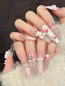 10pcs Handmade Pointed Nail Stickers, Exquisite Fake Nails, [Cute Bear] Dreamy Pink Cartoon Bear Bow Lace Heart Rhinestone Sweet Cute Long-Lasting Nail Art, Perfect Choice For Daily, Banquet, Party - Baby Pink - View 4