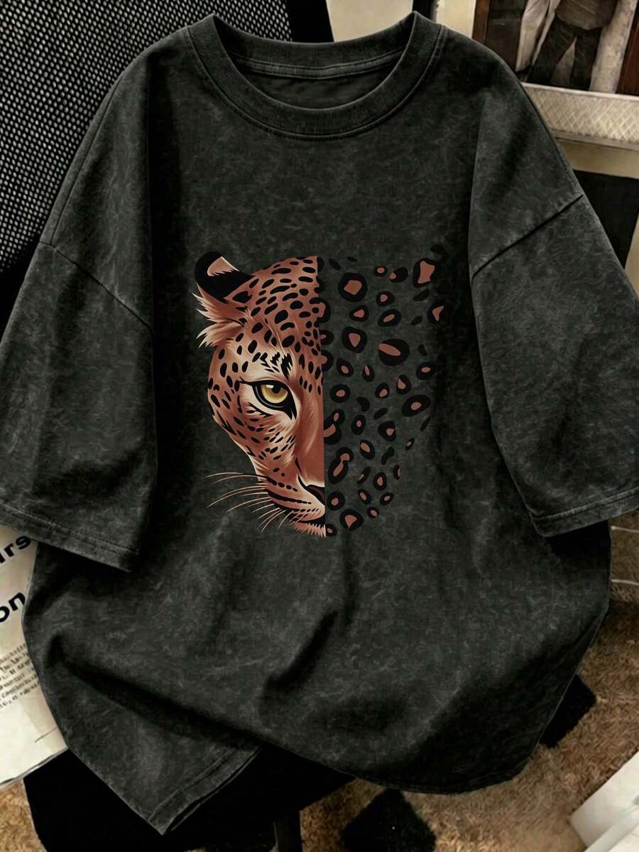 1 Piece Of Women's Short-Sleeved T-Shirt, Casual Style, Loose Fit, Round Neck, Washed Fabric With Tie-Dye Effect, For Office, Campus, Daily Wear, Dates, Meetings, Black Color. - 黑色 3 - 查看 1