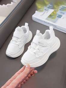 Kids' Breathable Mesh Hook And Loop White Sneakers, Lightweight Soft-Soled Athletic Shoes For Boys And Girls, Versatile Running Shoes For School. - White - View 3