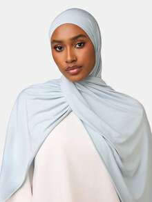 1pc Solid Color Knitted One-Piece Hijab, Muslim Women Elastic Convenient Headscarf, Lightweight Elegant Headscarf, Suitable For Daily Wear And Prayer - Baby Blue - View 3