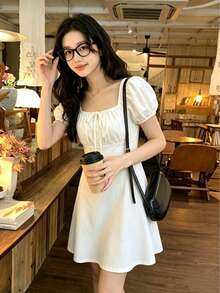 Gaun Mini Kerah Persegi Lengan Kelopak Bunga Romantis untuk Anak Perempuan Muda, Putih Elegan untuk Musim Panas - Putih - View 4