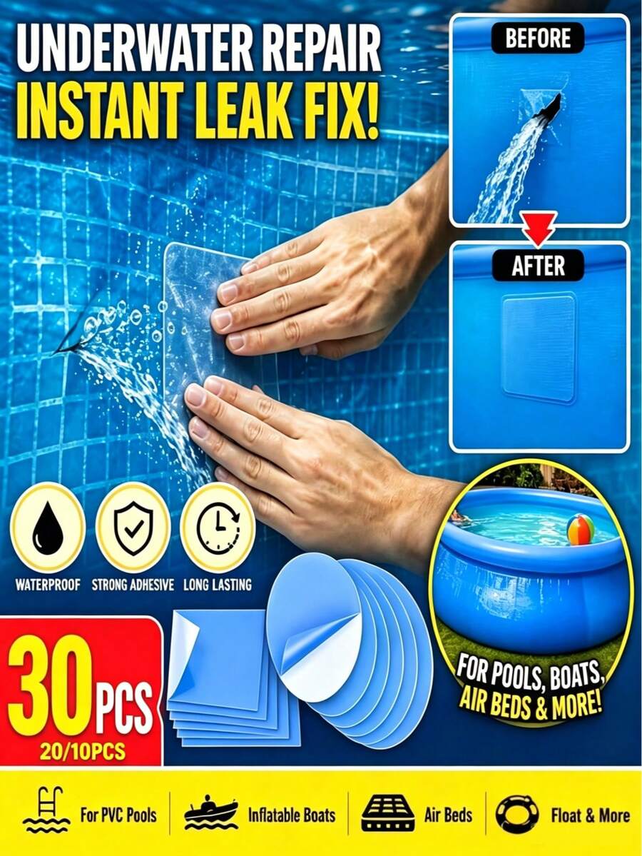 30/20/10PCS Pool Repair Patches, Inflatable Pool Self-Adhesive Patch Kit, Vinyl Repair Tape For Inflatable Pool Floats, Tear-Resistant Repair Sticker, Leak Fix Patch For Air Mattress. Holiday Essentials