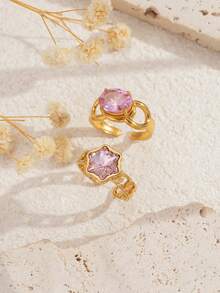 2pcs Stainless Steel Fashionable Glamorous Gold-Colored Open Ring Set, Inlaid With Pink Zirconia, Suitable For Women's Daily Wear Or Gift Giving - Yellow Gold - View 2