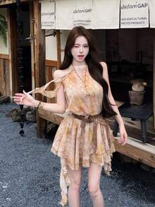 Women Short Dresses - Yellow With Belt (sleeveless) - View 6