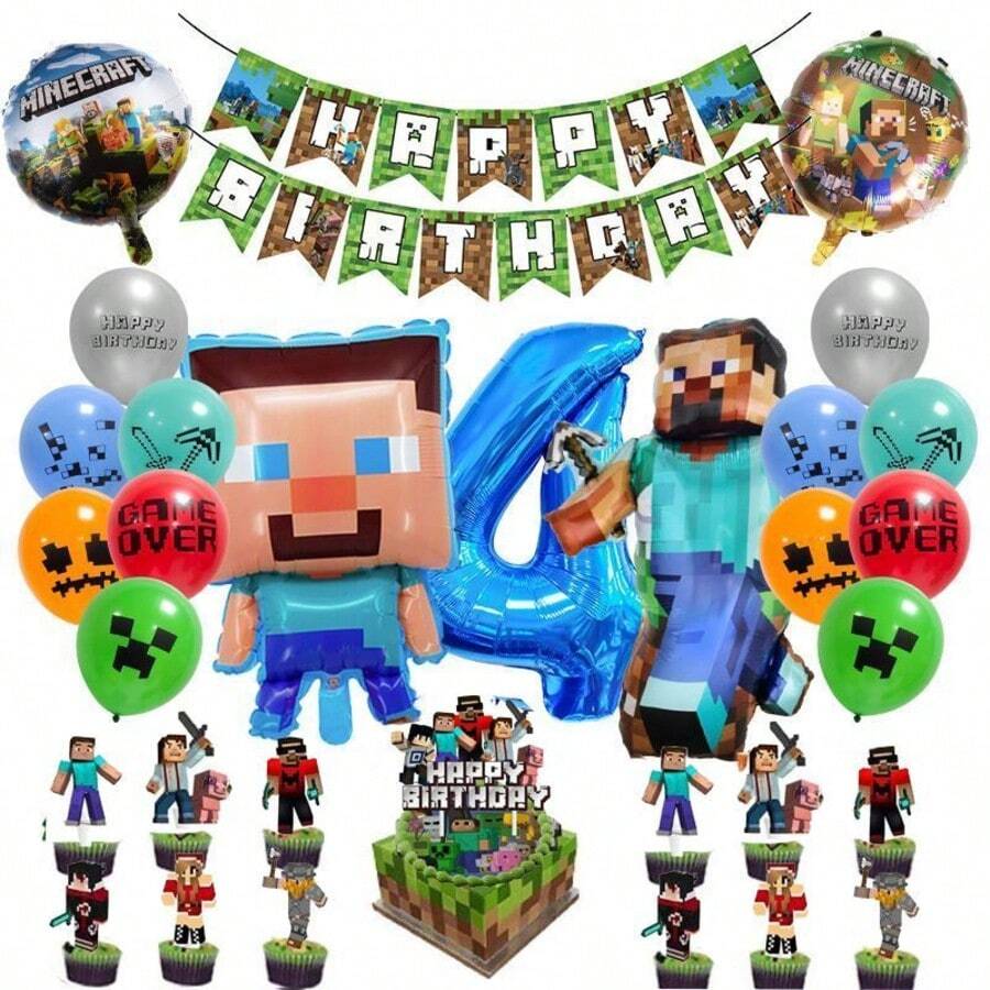 New Steve Pixel World MC-Themed Party Blue Number Balloon Set For Birthday Party Decorations - View 1