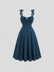 Vestido midi de tirantes con lazo, busto fruncido y falda en A, varios colores - Verde - Ver 1