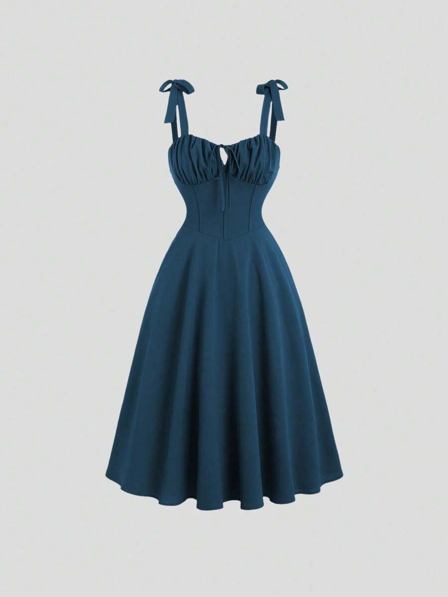 Vestido midi de tirantes con lazo, busto fruncido y falda en A, varios colores - Verde - Ver 1