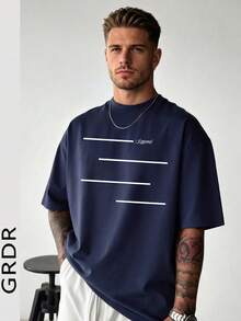 GRDR Men's Summer Casual Healing Style Line Print Round Neck Short Sleeve T-Shirt - Navy Blue - View 1