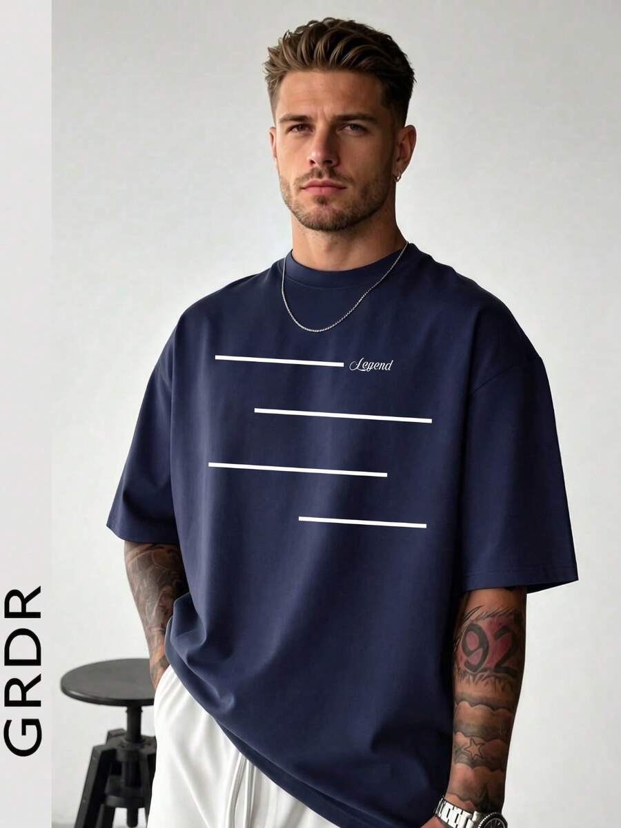 GRDR Men's Summer Casual Healing Style Line Print Round Neck Short Sleeve T-Shirt - Navy Blue - View 1