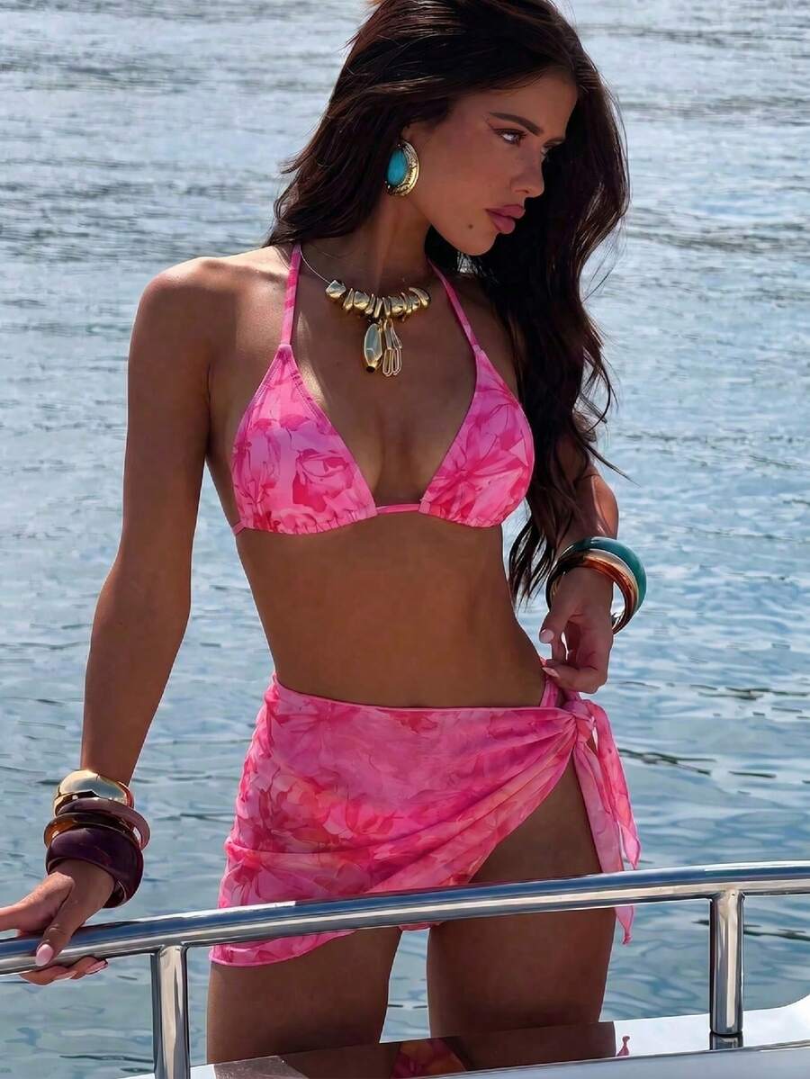 Swim Vcay Women's Halter Style Solid Color Bikini Swimsuit Set, Swimwear Set For Summer Beach Vacation - 香檳色 - 查看 1