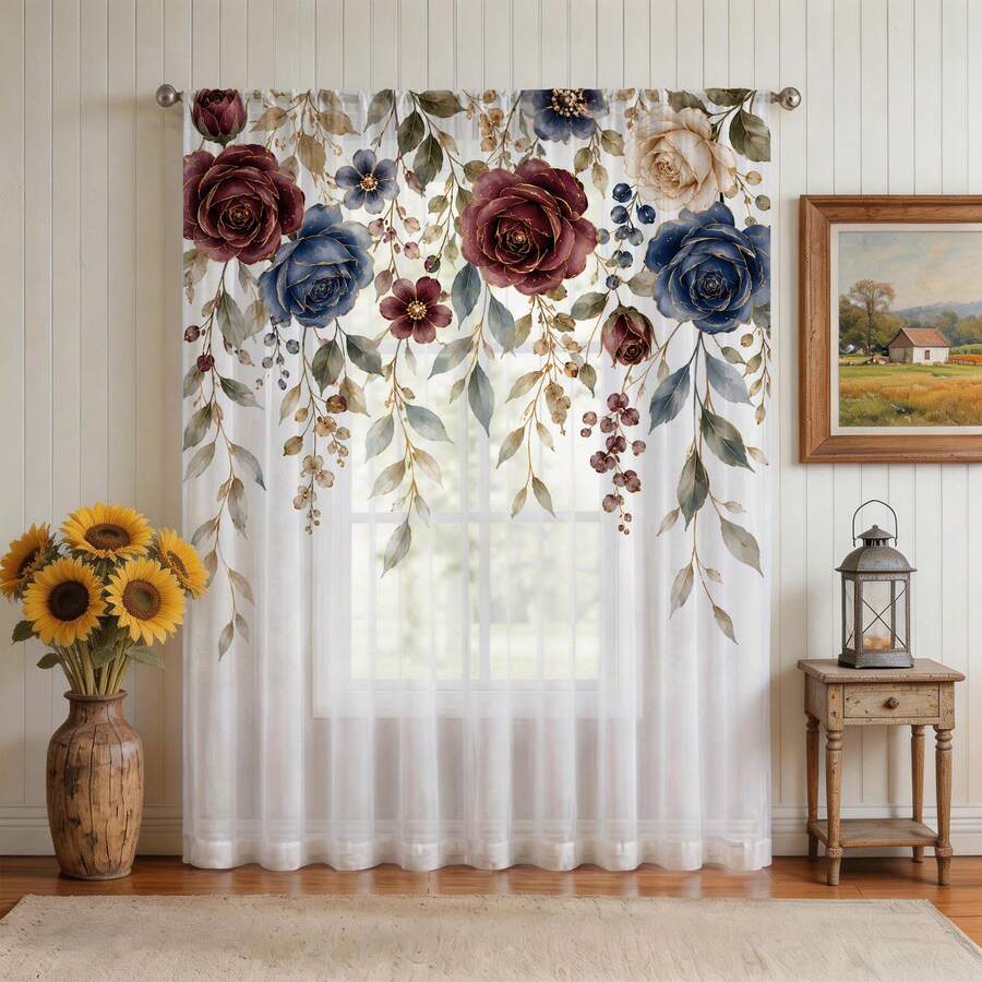 NOSBEI 1pc Watercolor Burgundy Red And Blue Rose Print Curtain, Semi-Sheer Light Filtering Curtain, Vintage Floral Pattern, Country Luxury Home Decor Curtain - Red - View 1