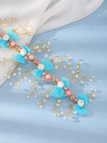 1pc Bohemian Vintage Fairy Tale Style Blue & Pink Floral Pearl Tiara, Bridal Wedding Accessory, Girly Wedding Dress Headpiece - Blue - View 3