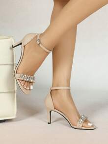 Sandal Wanita Musim Semi/Panas Terbaru yang Nyaman untuk Pesta Malam/Liburan, Bertali Pergelangan Kaki, Hak Blok, dan Hiasan Berlian Imitasi - Aprikot - View 6